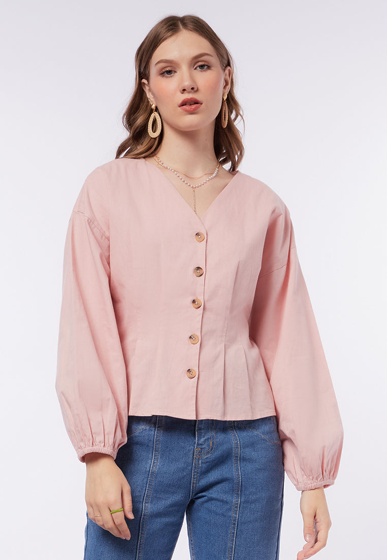 V-Neck Blouse with Box Pleats Waist