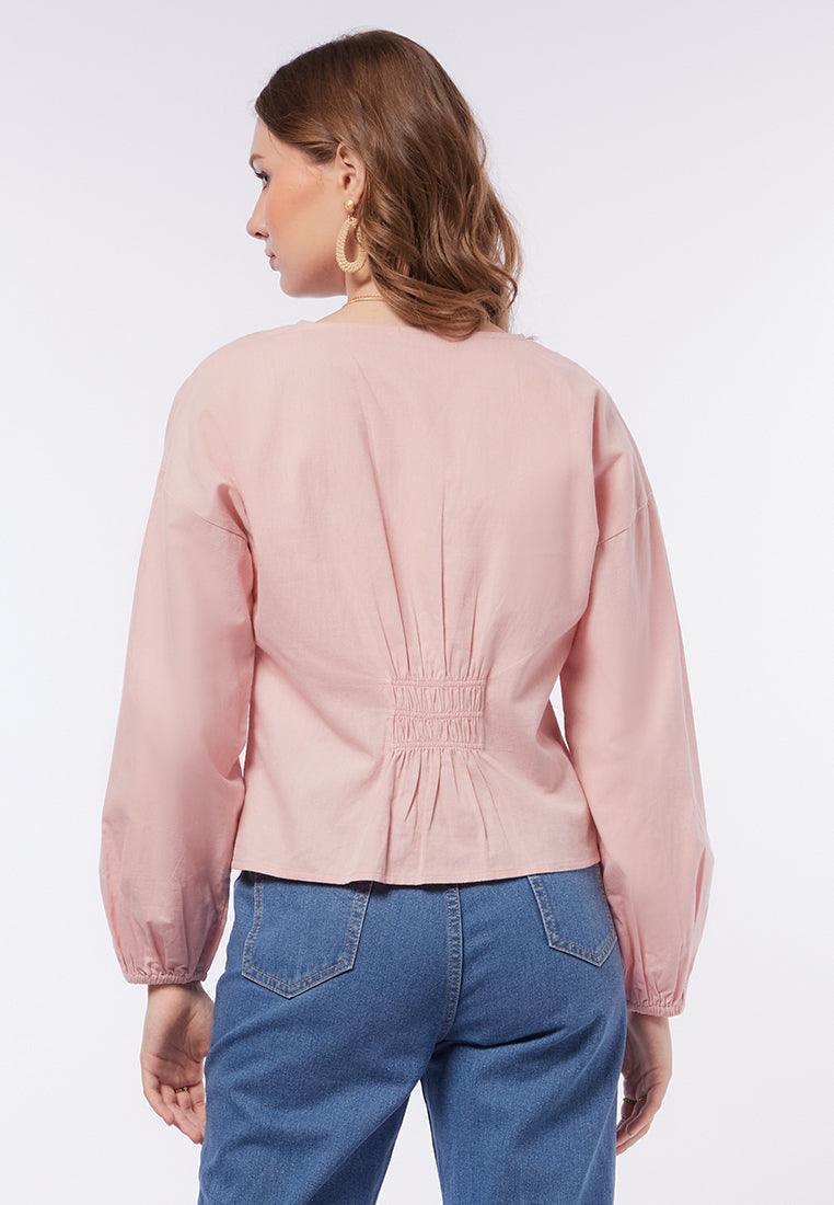 V-Neck Blouse with Box Pleats Waist