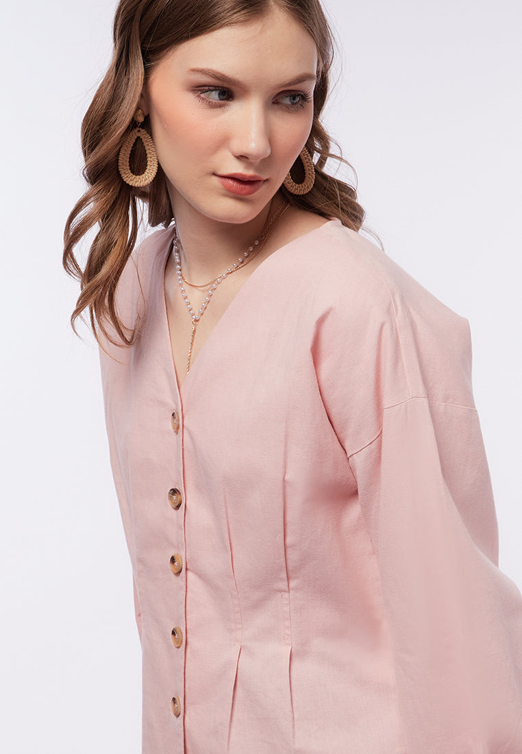 V-Neck Blouse with Box Pleats Waist