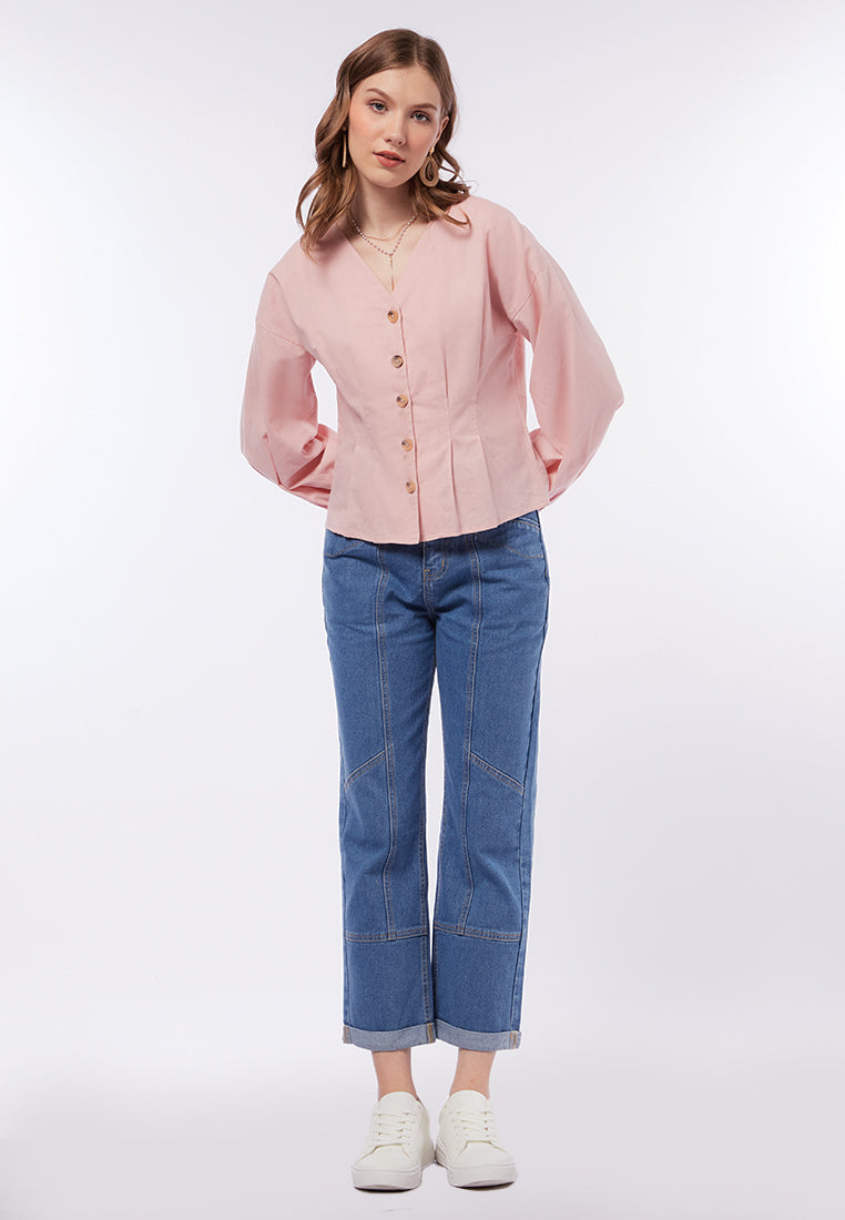 V-Neck Blouse with Box Pleats Waist