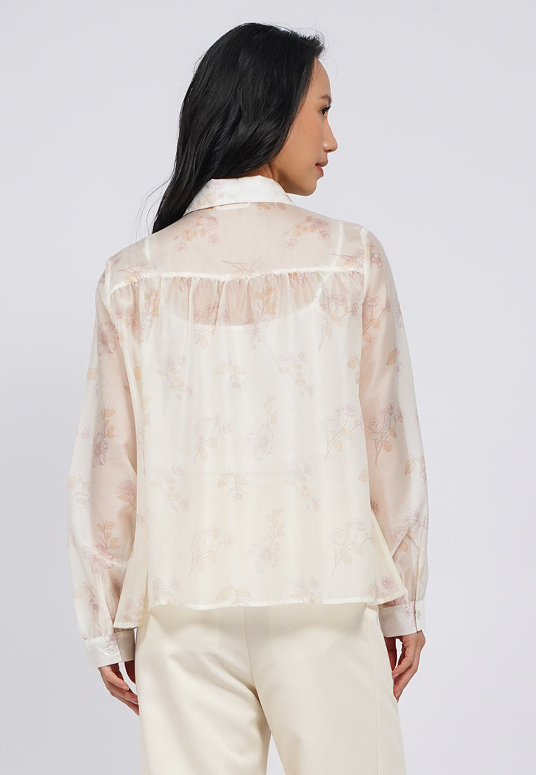 Printed Long Sleeve Sheer Blouse