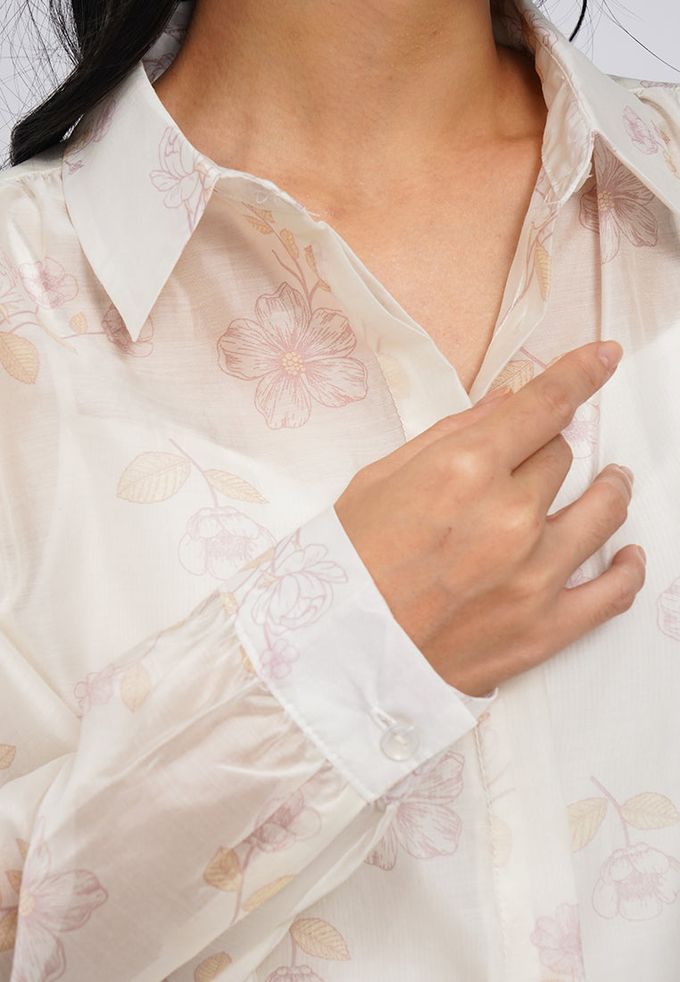 Printed Long Sleeve Sheer Blouse
