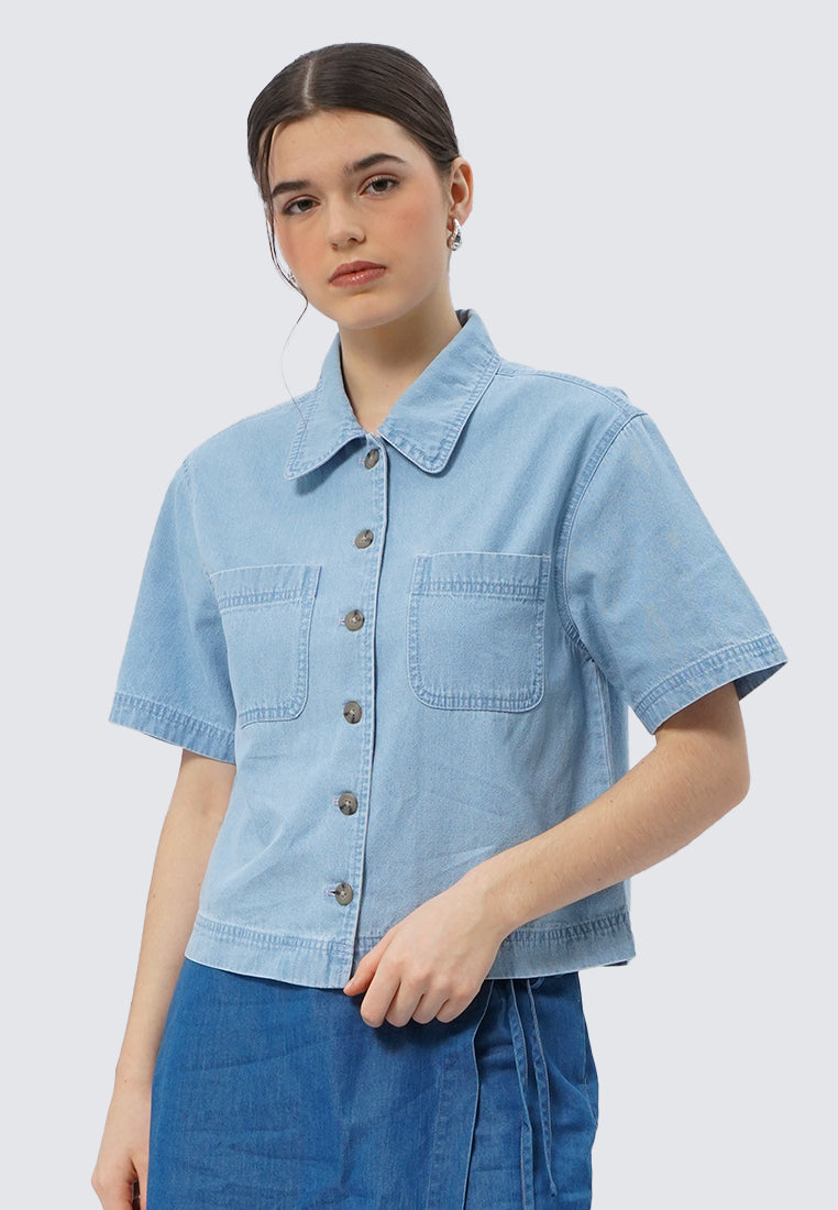 Short Sleeve Denim Shirt with Pocket