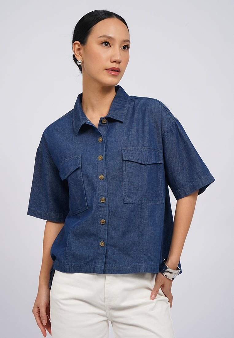 Short Sleeve Denim Blouse with Pocket