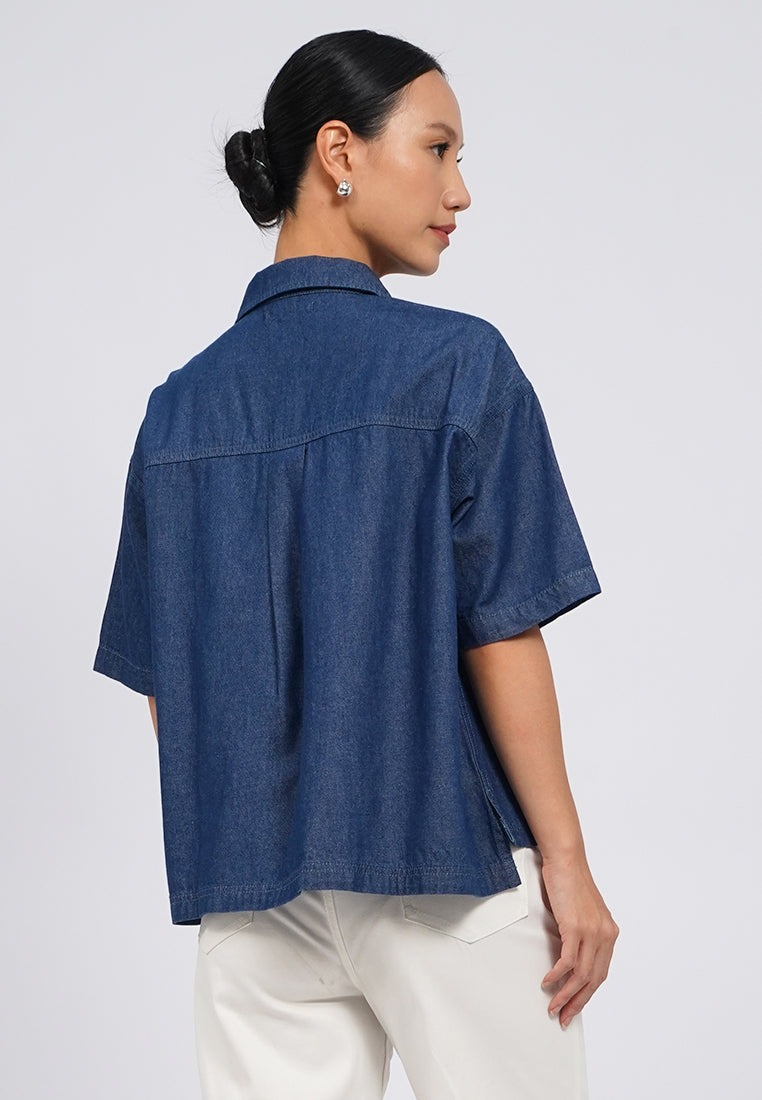 Short Sleeve Denim Blouse with Pocket