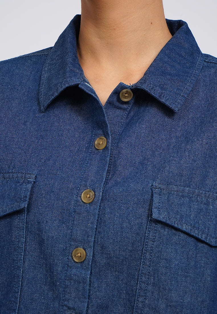 Short Sleeve Denim Blouse with Pocket
