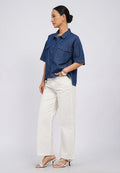 Short Sleeve Denim Blouse with Pocket