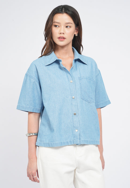 Oversized Short Sleeve Denim Blouse