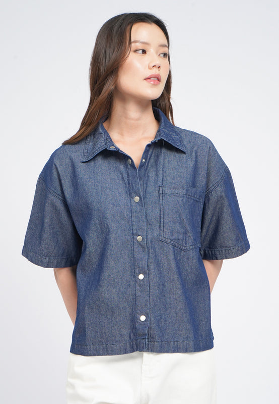Oversized Short Sleeve Denim Blouse