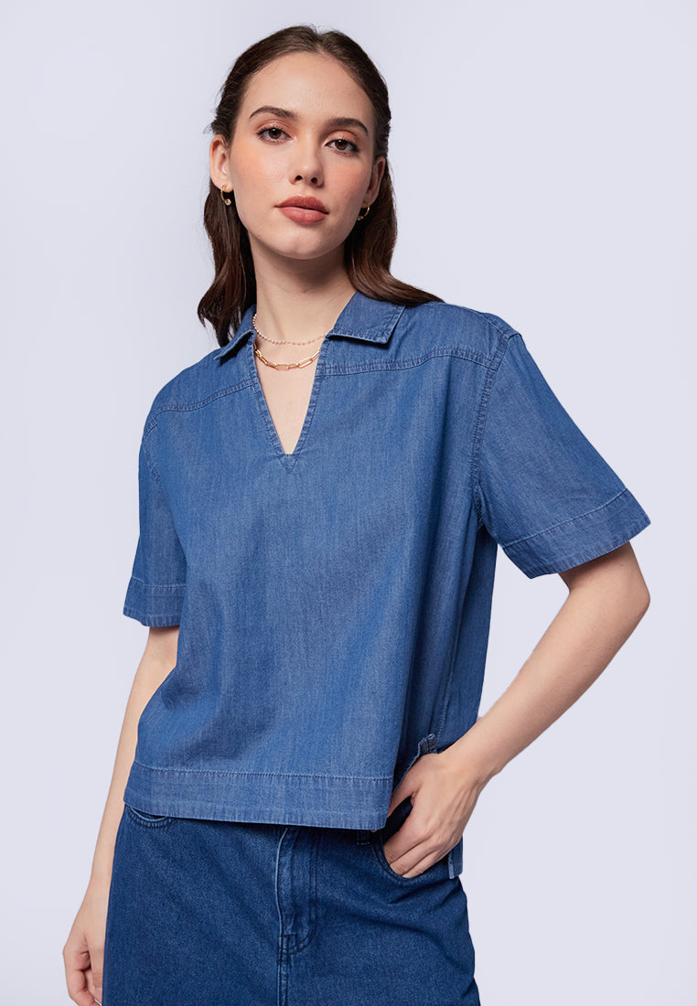 V-Neck Loose Denim Blouse