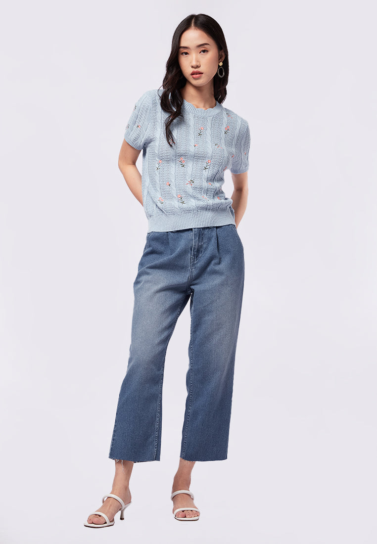 Round Neck Short Sleeves Knit Top