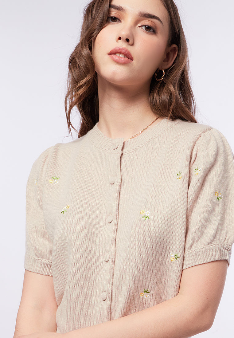 Embroidered Puff Sleeves Knit Top