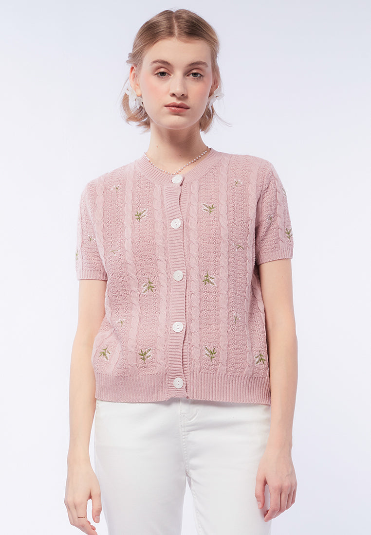 Embroidered Round Neck Knit Top
