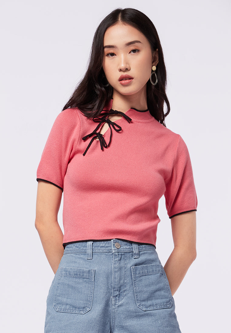 Stand Collar Top with Bow Details