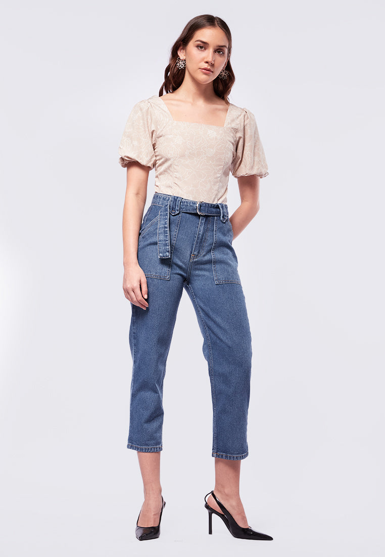 Square Neck Printed Short Sleeve Blouse