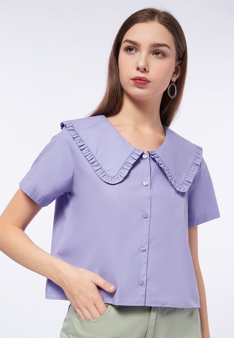 Wide Collar Short Sleeve Blouse