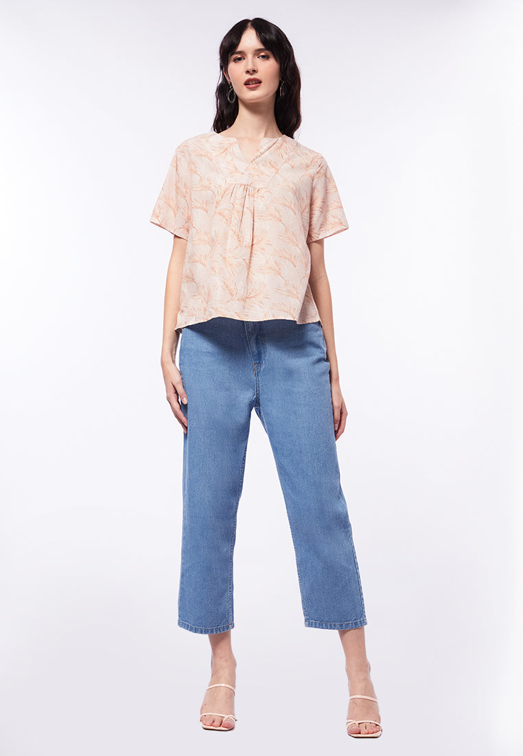 Printed V-Neck Short Sleeve Blouse