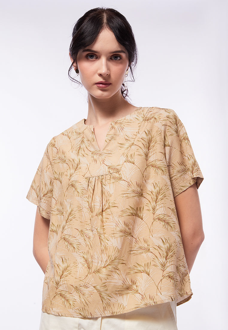 Printed V-Neck Short Sleeve Blouse