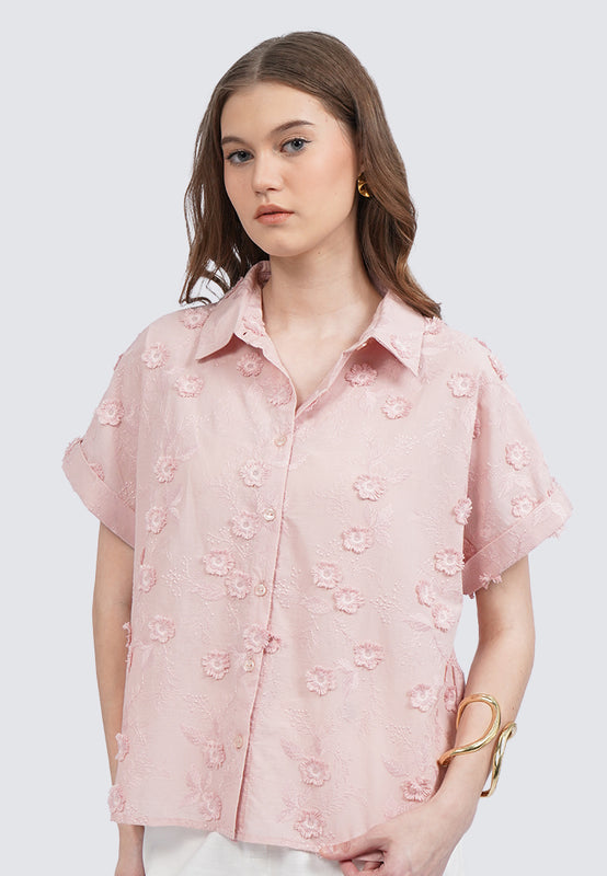 Embroidered Blouse with Roll Up Sleeves