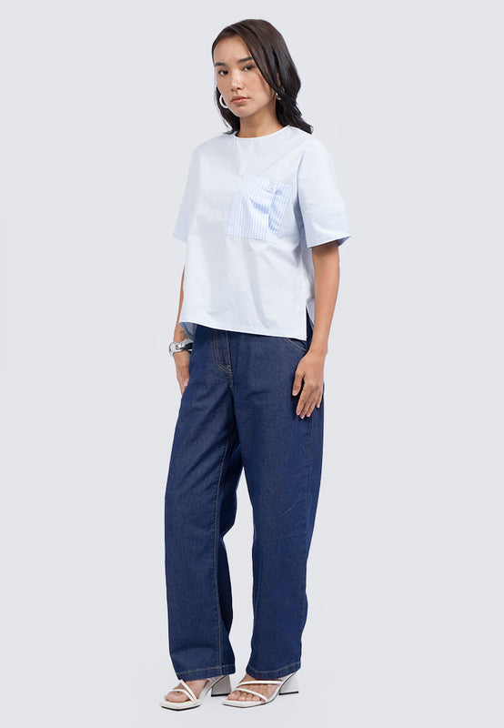 Short Sleeve Top with Stripes Pocket