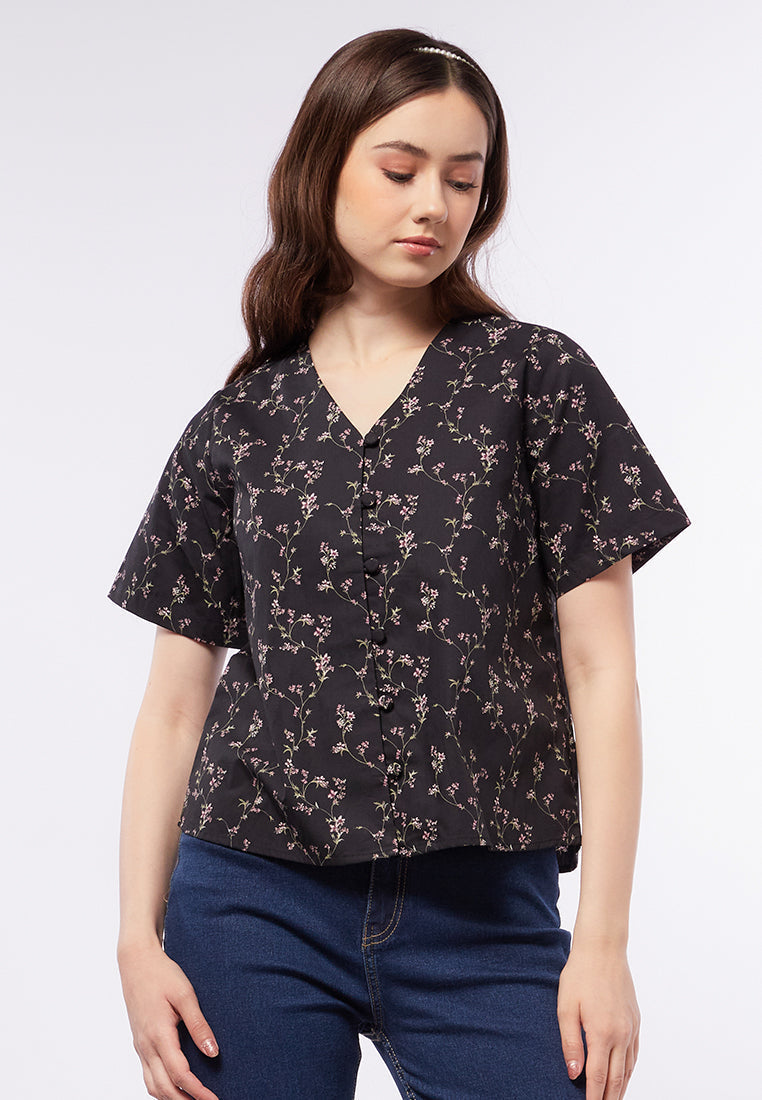 V-Neck Printed Short Sleeve Blouse