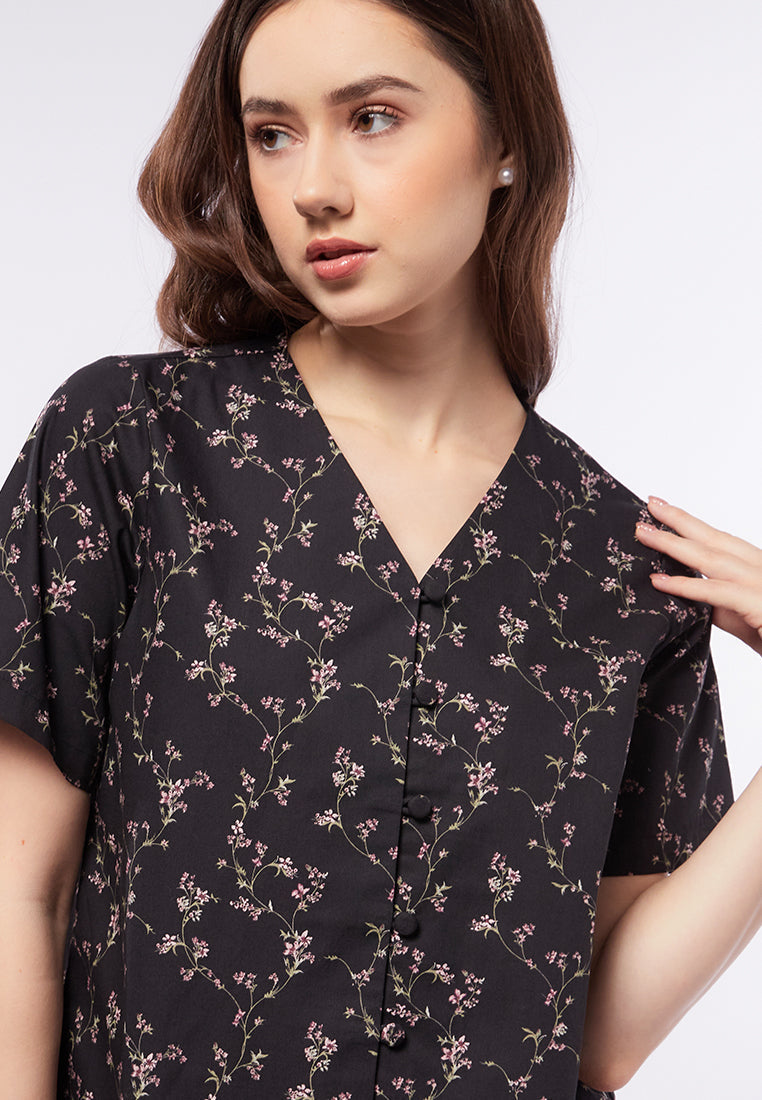 V-Neck Printed Short Sleeve Blouse