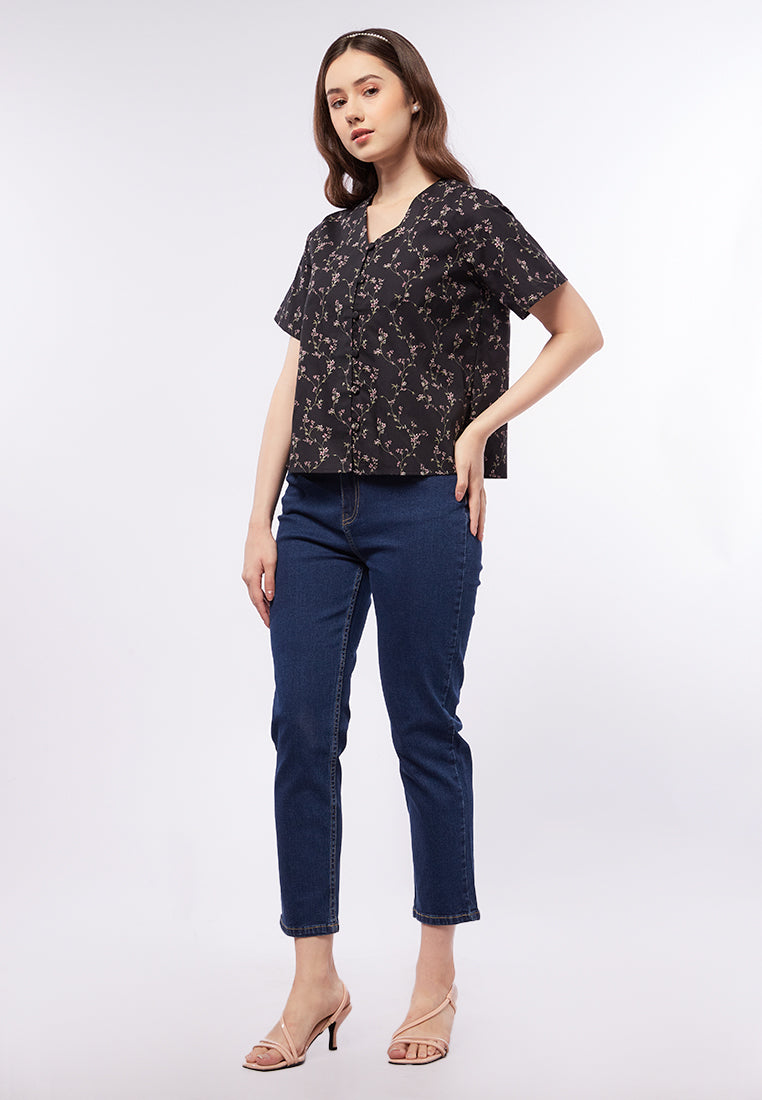 V-Neck Printed Short Sleeve Blouse