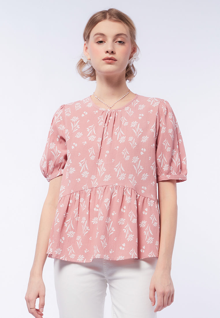 Printed Peplum Short Sleeve Blouse