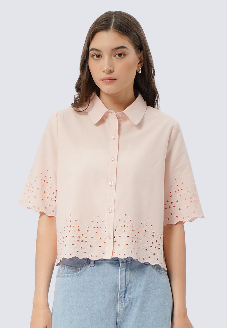 Short Sleeve Eyelet Crop Blouse