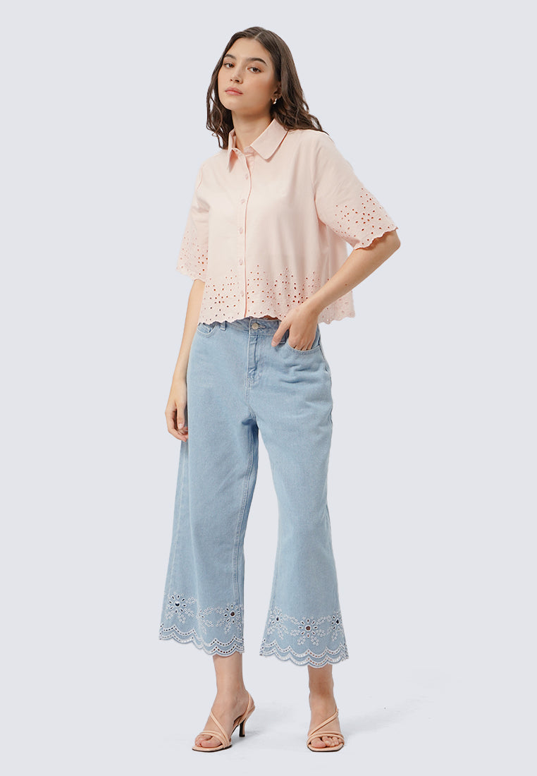 Short Sleeve Eyelet Crop Blouse
