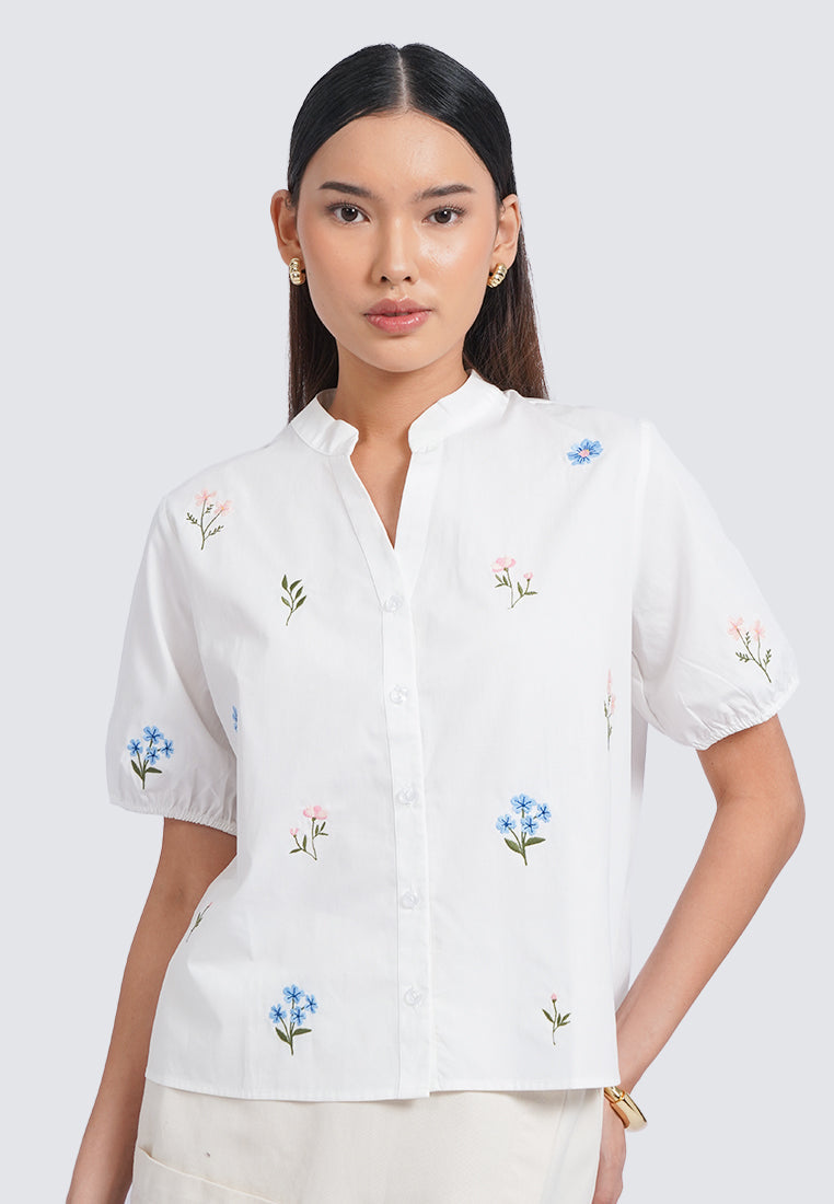 V-Neck Short Sleeve Embroidered Blouse