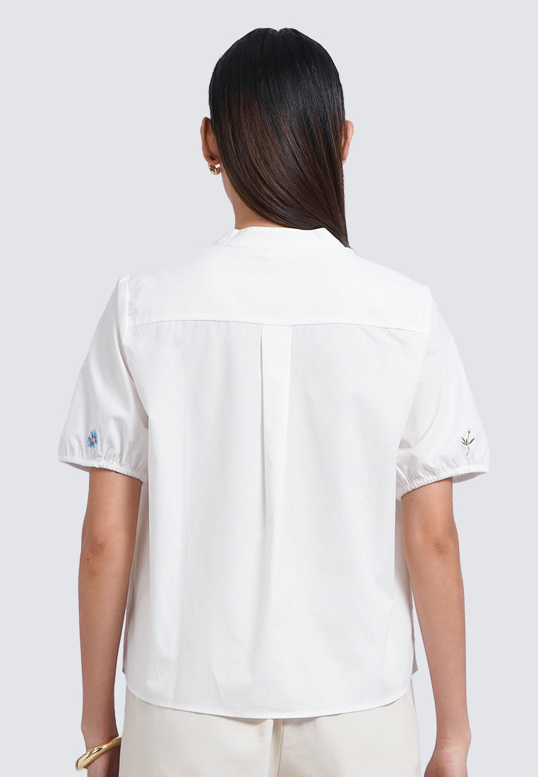 V-Neck Short Sleeve Embroidered Blouse