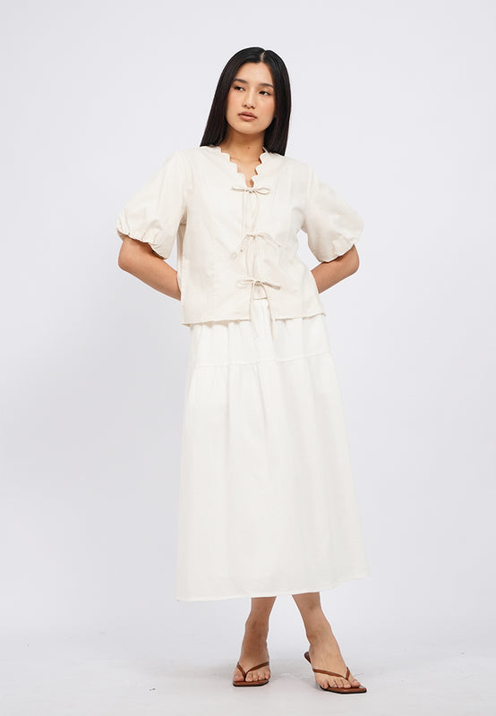 V-Neck Scalloped Short Sleeve Blouse