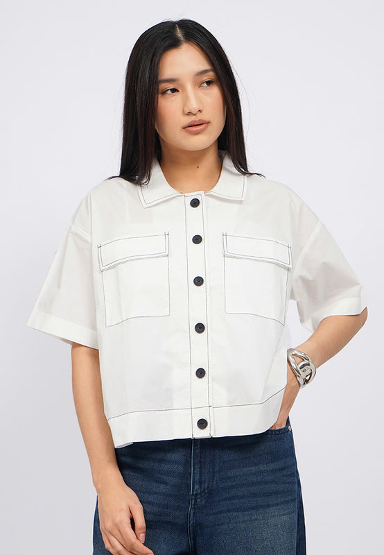 Contrast Stitch Short Sleeve Crop Blouse