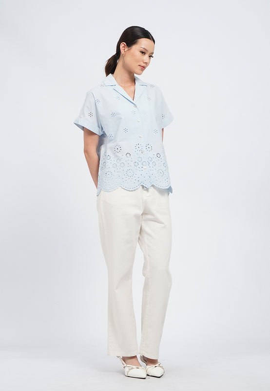 Eyelet Short Sleeve Loose Blouse