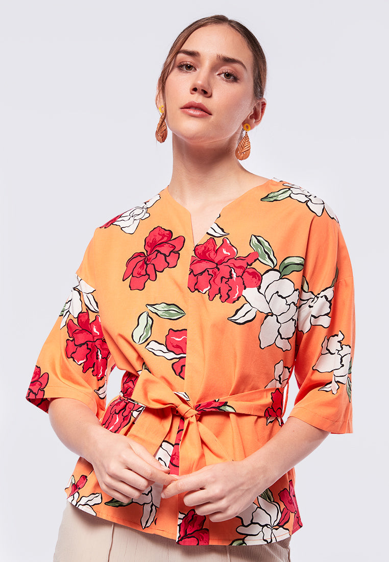 Printed V-Neck Short Sleeve Blouse