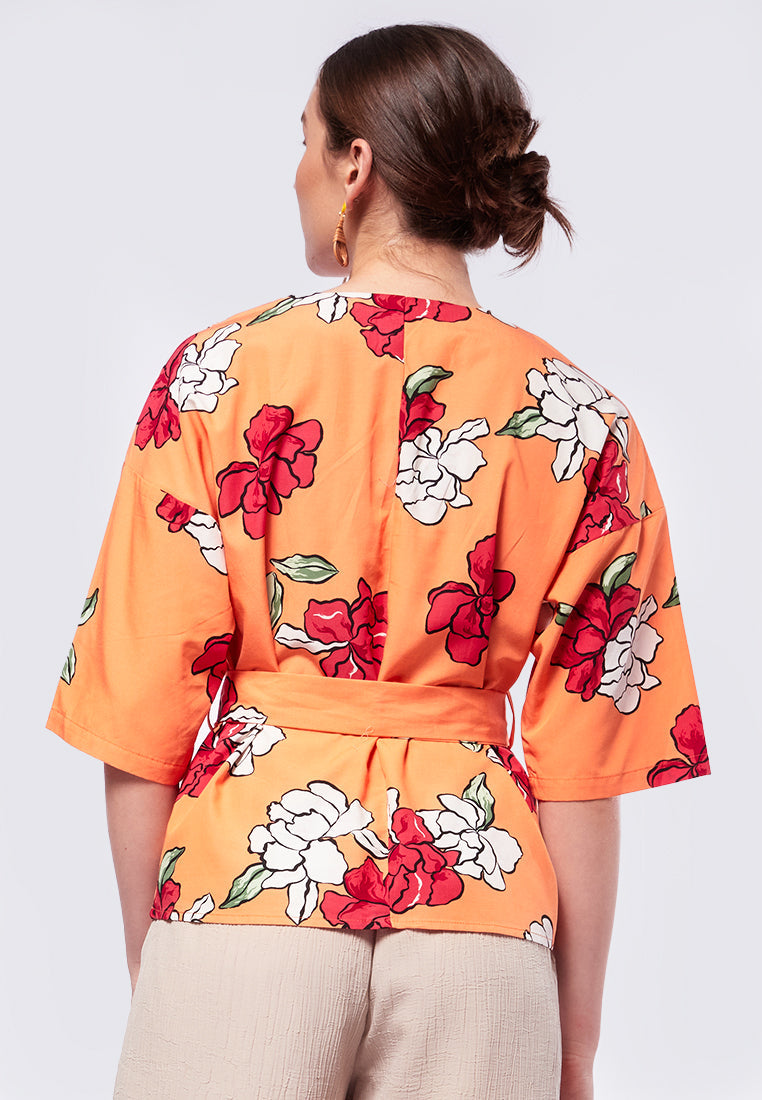 Printed V-Neck Short Sleeve Blouse