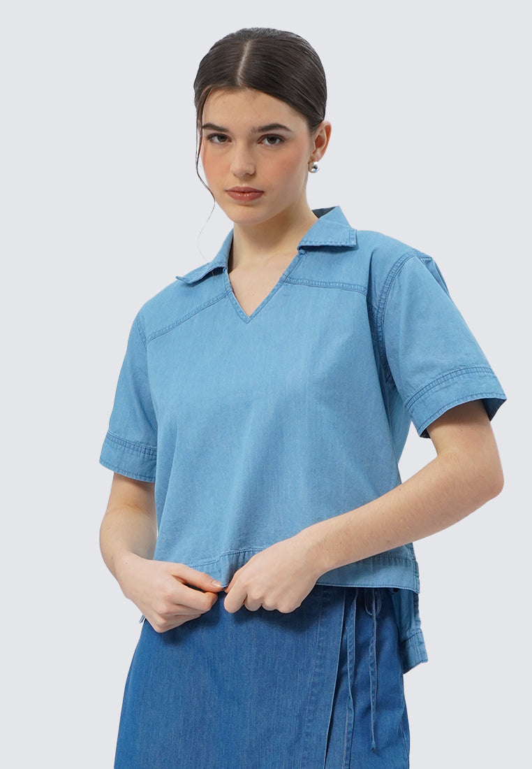 V-Neck Short Sleeve Denim Blouse