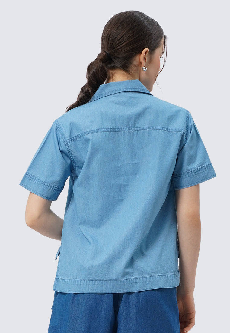 V-Neck Short Sleeve Denim Blouse