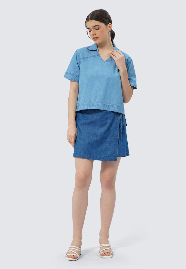V-Neck Short Sleeve Denim Blouse