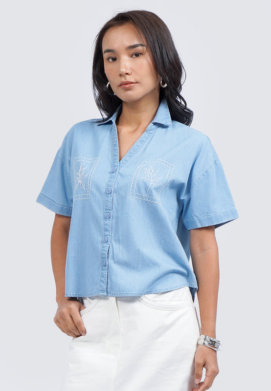 Embroidered Short Sleeve Chambray Shirt