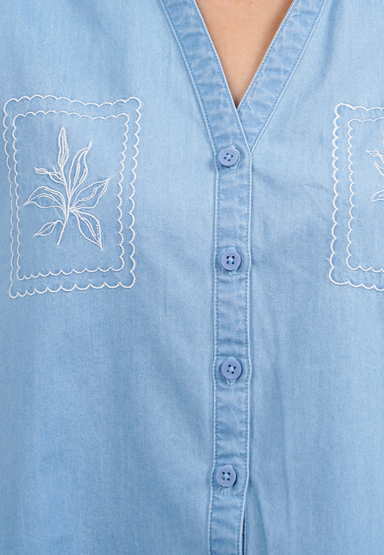 Embroidered Short Sleeve Chambray Shirt