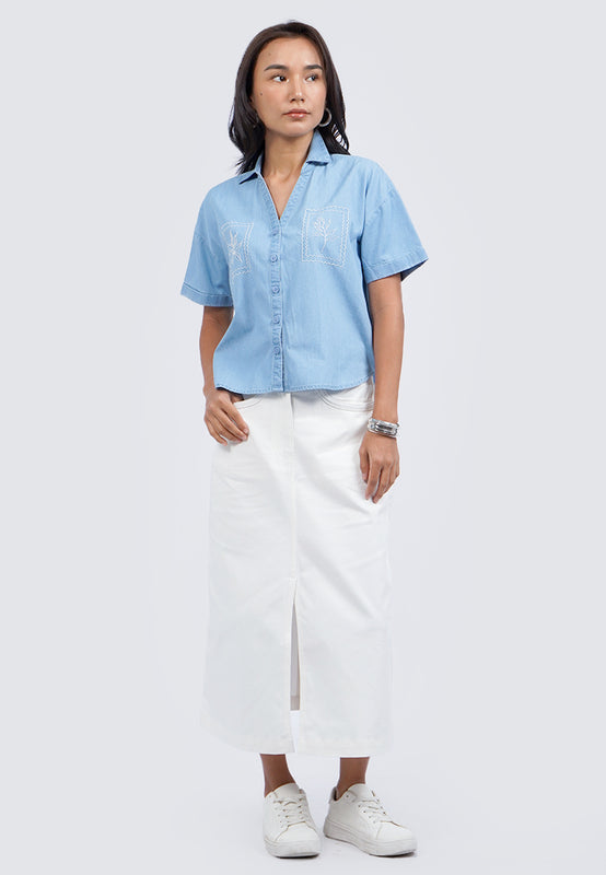 Embroidered Short Sleeve Chambray Shirt