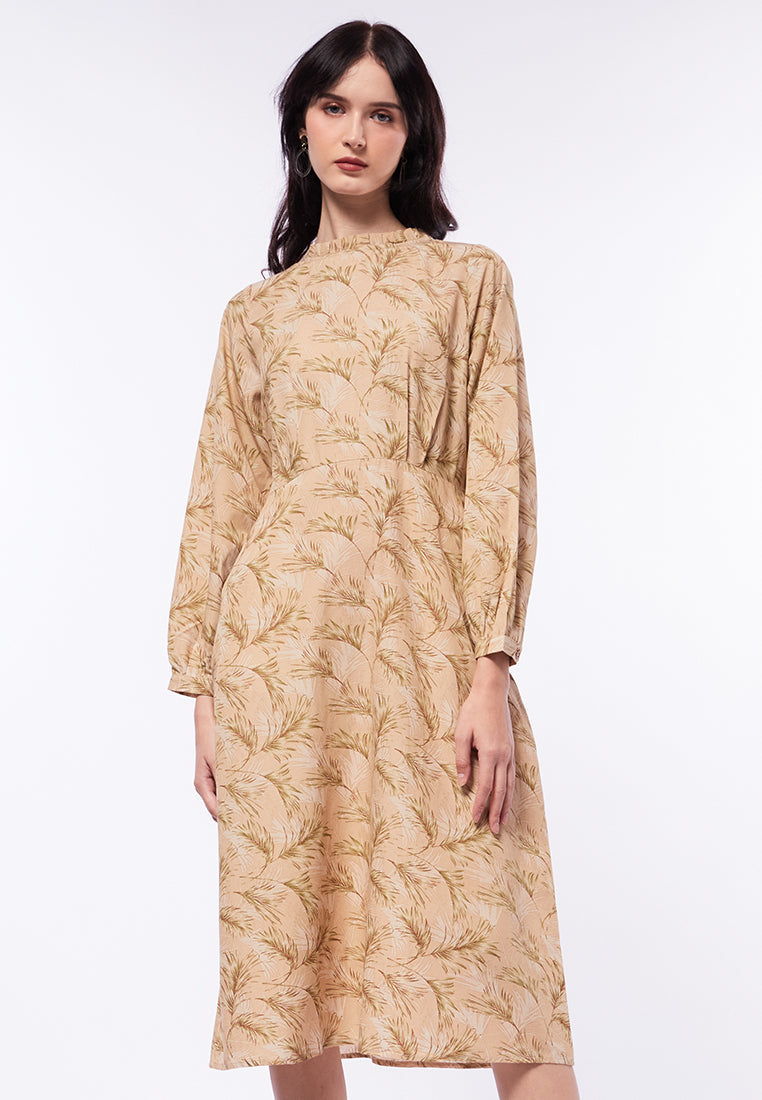 Printed Midi Dress with Frill Neck