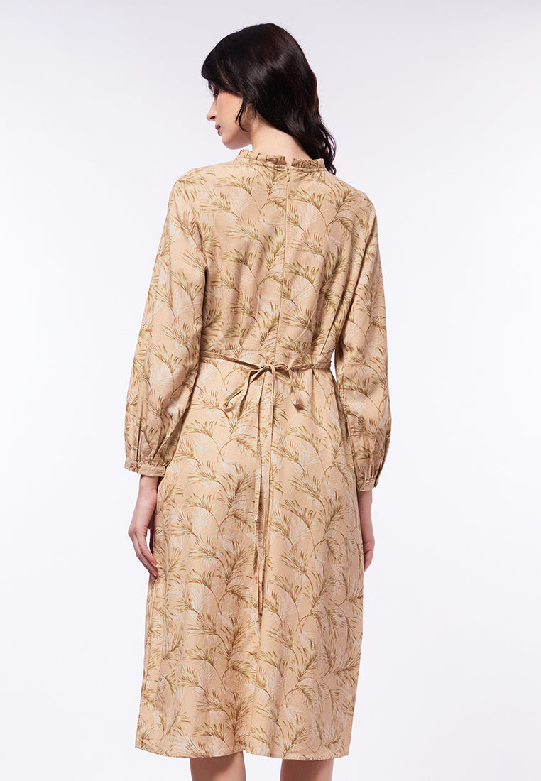 Printed Midi Dress with Frill Neck