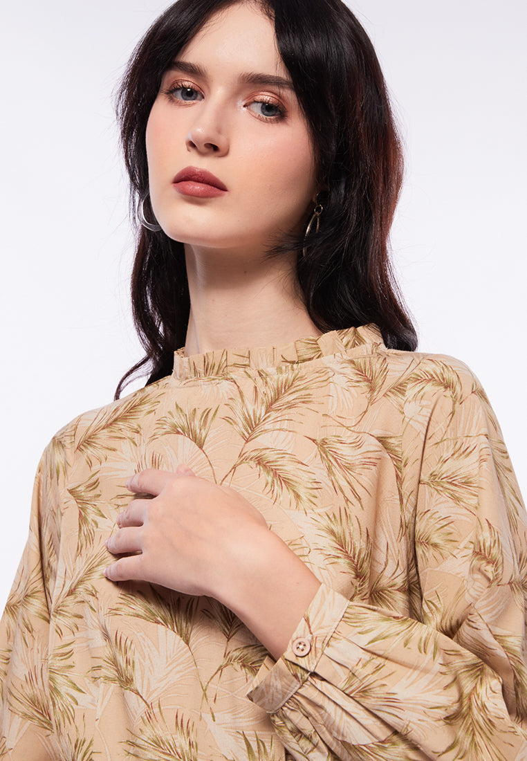 Printed Midi Dress with Frill Neck