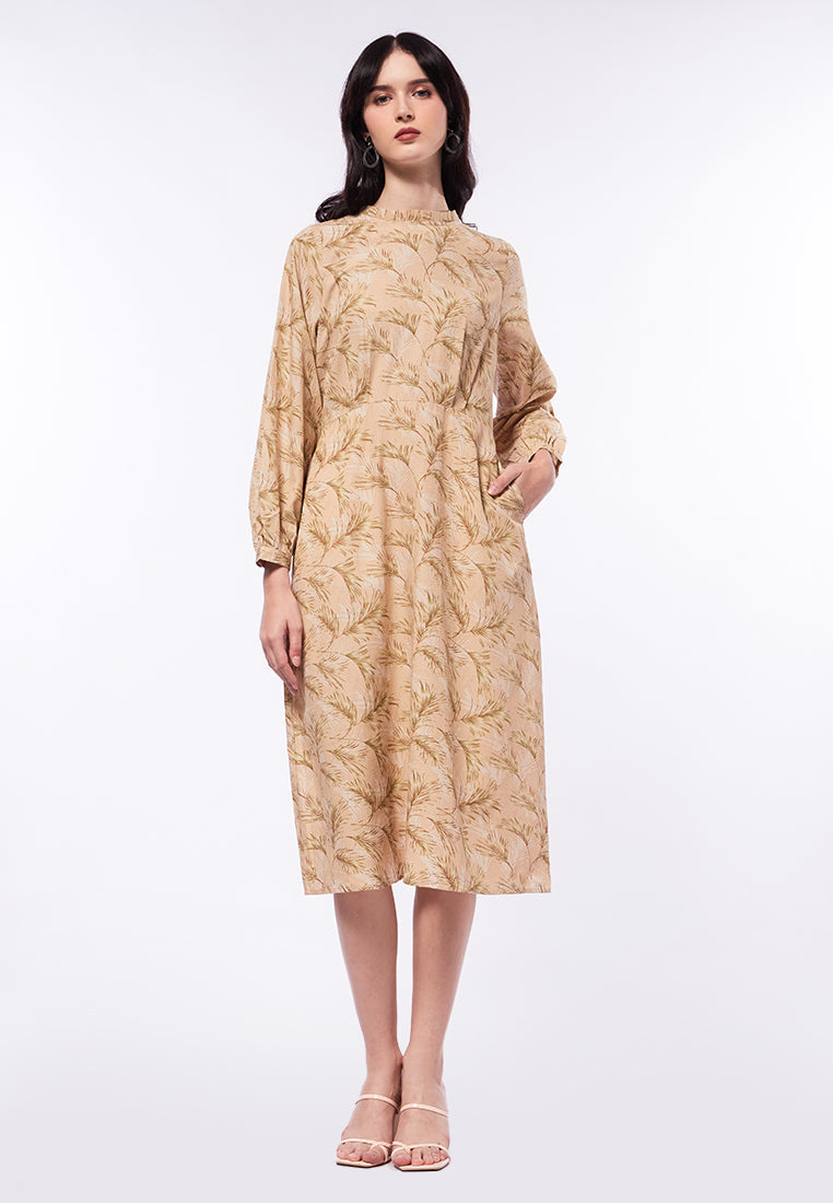 Printed Midi Dress with Frill Neck