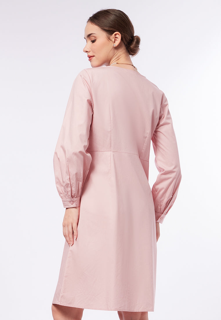 V-Neck Puff Sleeves Midi Dress