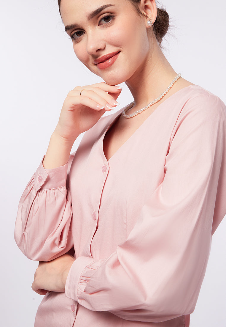 V-Neck Puff Sleeves Midi Dress