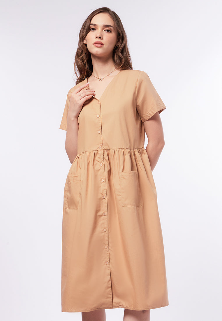V-Neck Midi Dress with Patch Pocket
